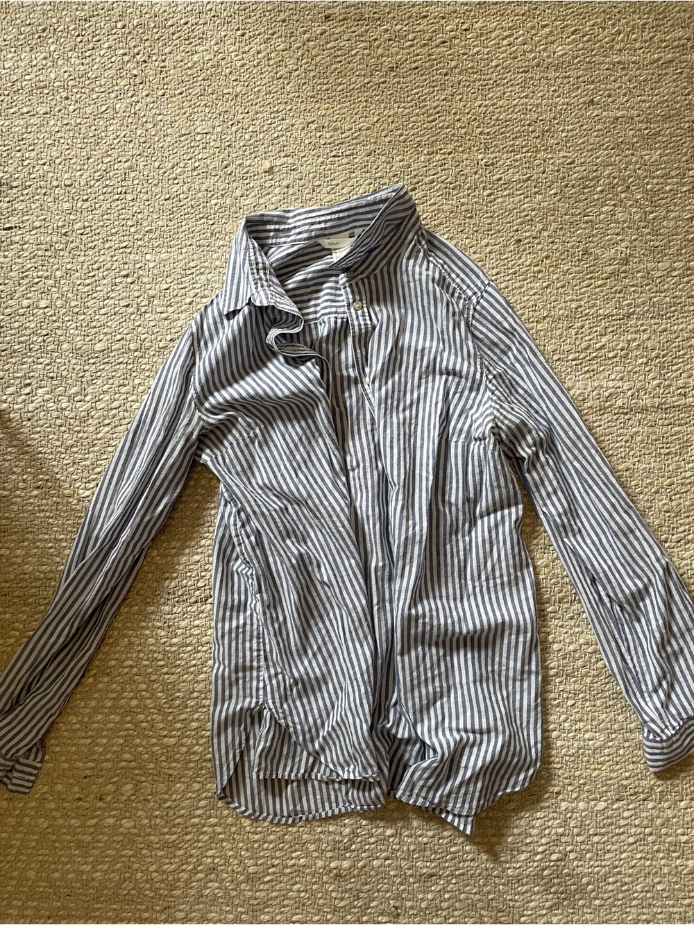 Striped Maternity Linen Button-Up Shirt in Navy and White